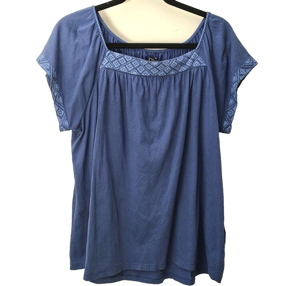 Chaps Denim Blouse Womens Size Large Blue Peasant Top Geo Print Short Sleeve
